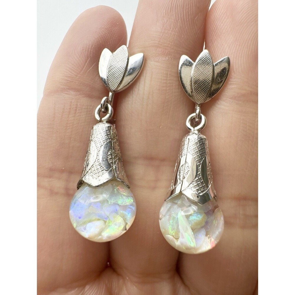 Vintage Sterling Silver Opalite Floating Opal Glass Dangle Screw Back Earrings